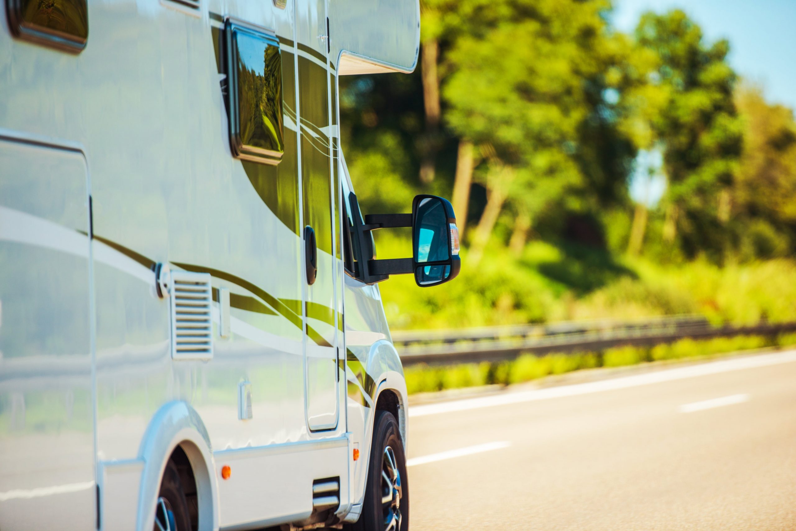 close up of RV on an open road