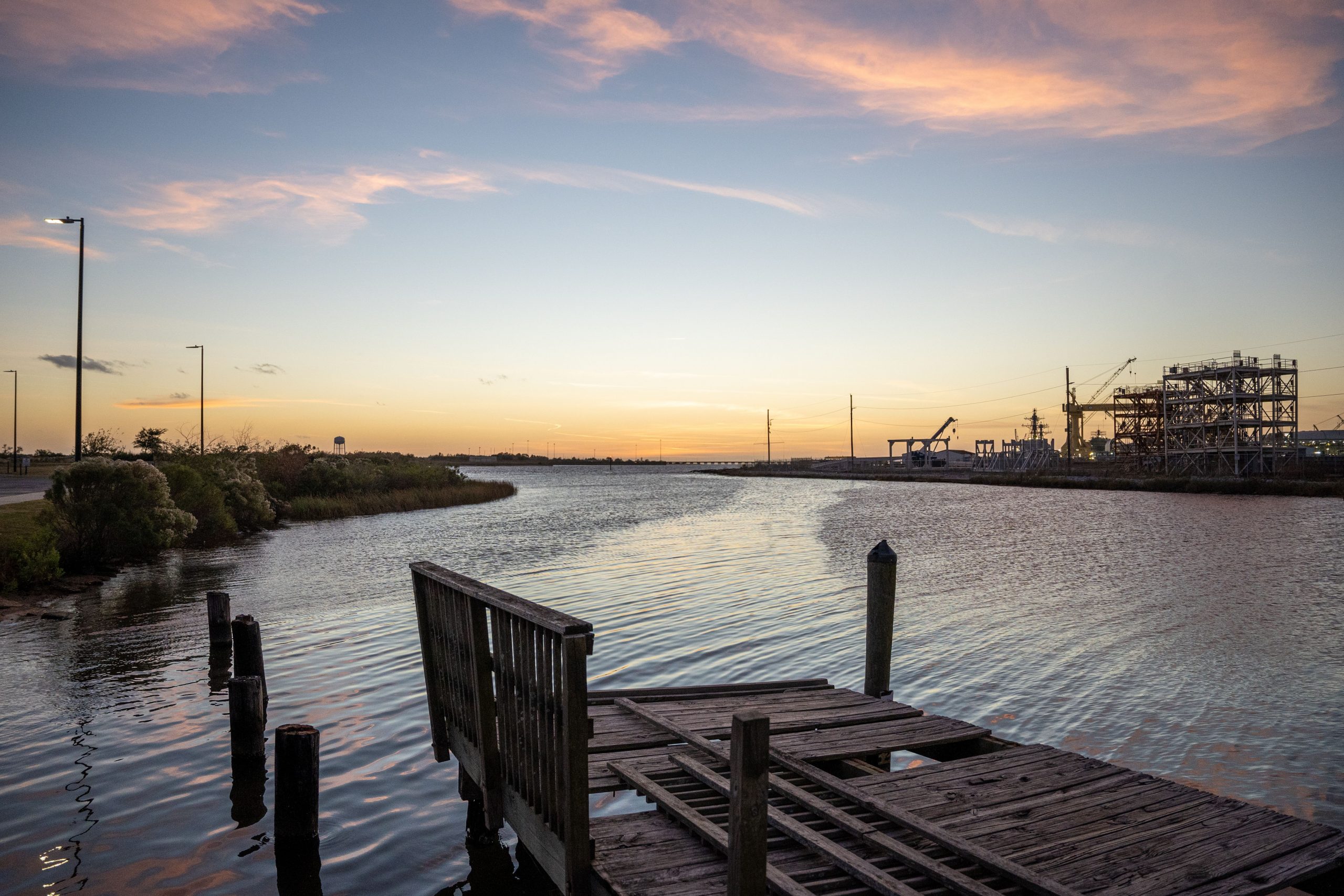 An aerial view of a seaport during sunset in Moss Point, Mississippi, USA