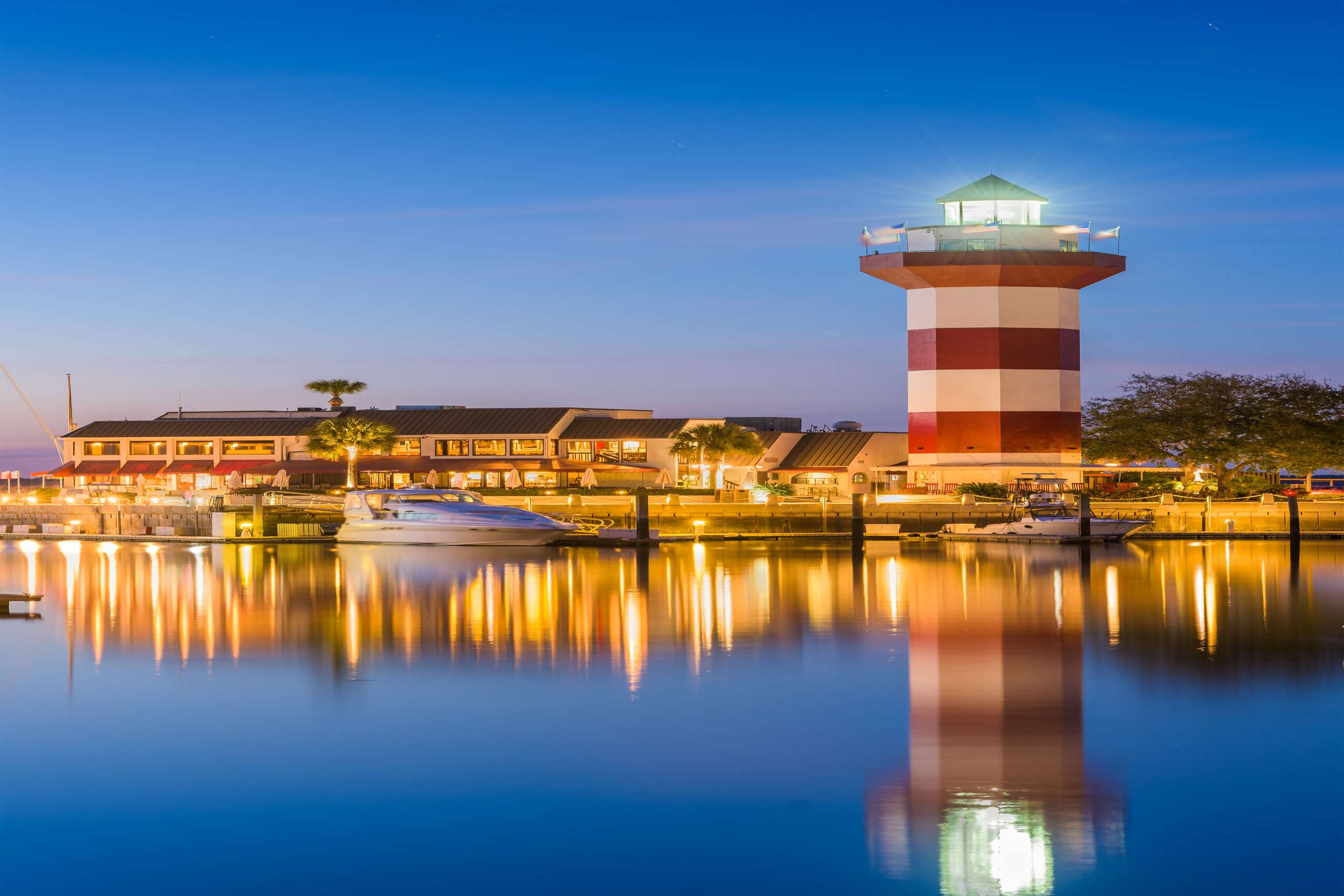 Light house in Hilton Head, South Carolina low angle over bay