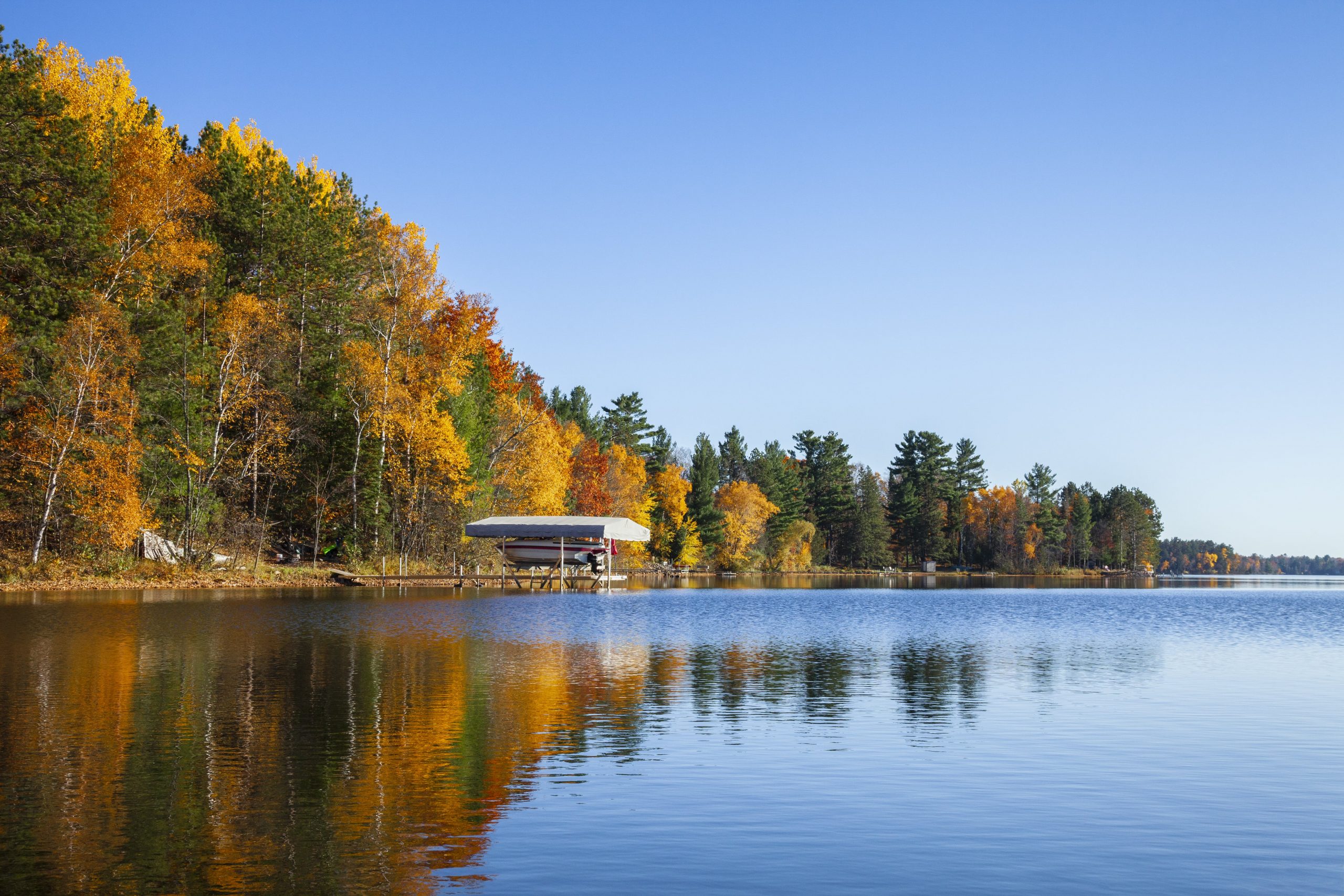 minnesota shoreline with dock and boat